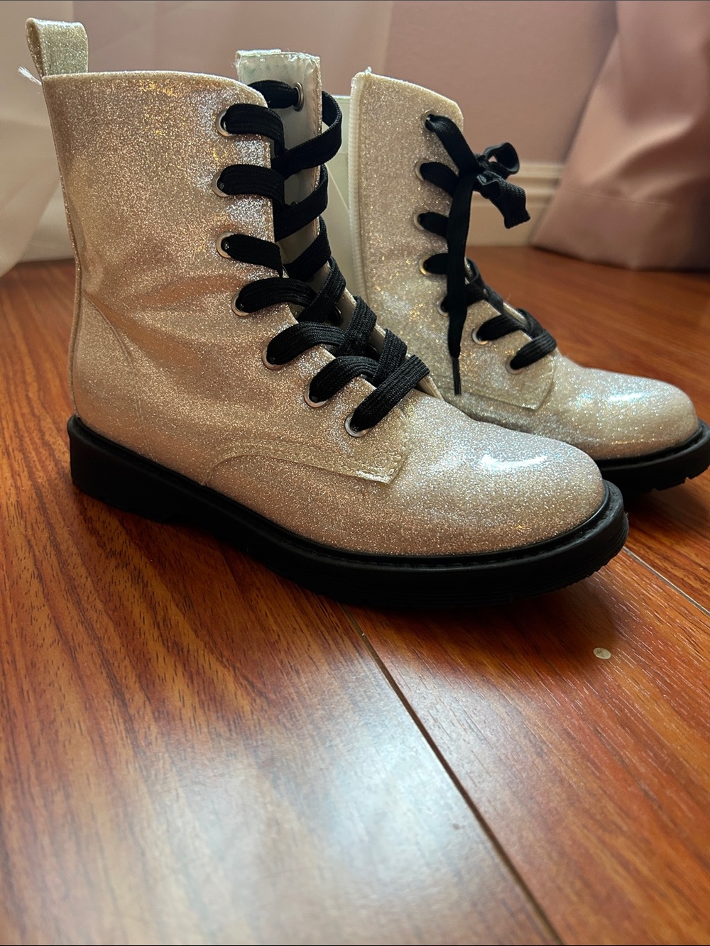 Kids Glitter Combat Boots - Silver with Black Laces Size 2- Like New